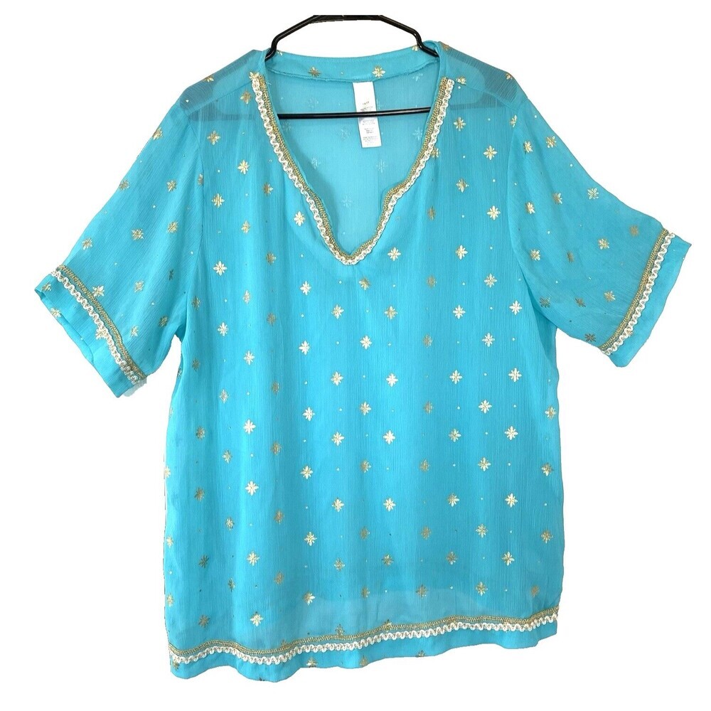 VTG Sheer Popover Tunic Womens 1X Gold Embellished Stars &Embroidery Boho Fairy